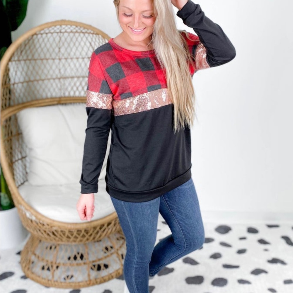 BiBi - Long Sleeve Solid & Plaid Top With Sequin Detail - XL -Red/Black/RoseGold